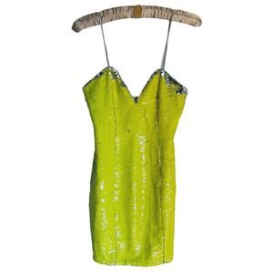 H:OURS Reversible Mermaid Sequin V-Neck Mini Dress XS Yellow Y2K Glam Party